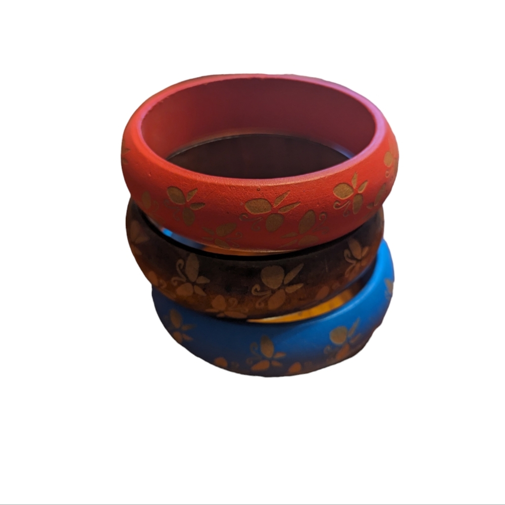 3 Wooden Bangle Bracelets with Butterfly Pattern - Picture 2 of 3